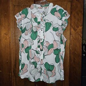Liz Claiborne XL Floral Ruffle Button Down Blouse - Pink & Green Garden Print